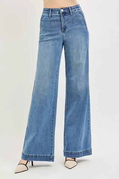 Medium shot of Trendsi RISEN high-rise wide jeans with tummy control elastic band, showcasing their stylish fit and denim texture.