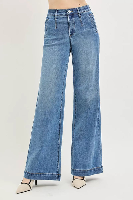 Medium shot of Trendsi RISEN high-rise wide jeans with tummy control elastic band, showcasing their stylish fit and denim texture.