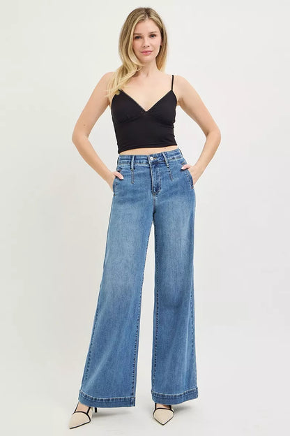 High-rise wide jeans with tummy control elastic band by Risen, featuring a trendy fit and durable denim from Trendsi.