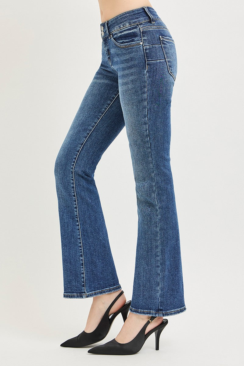 Risen Tummy Control Low Rise Bootcut Jeans by Trendsi, showcasing fitted waist, bootcut leg style, and denim fabric.