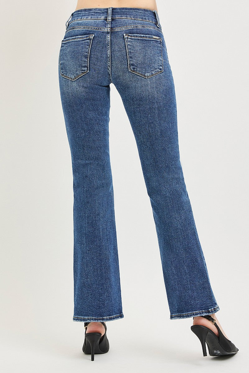 Risen Tummy Control Low Rise Bootcut Jeans by Trendsi, showing front view with fitted waist and flared leg style.