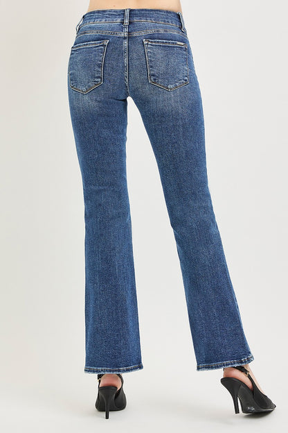 Risen Tummy Control Low Rise Bootcut Jeans by Trendsi, showing front view with fitted waist and flared leg style.