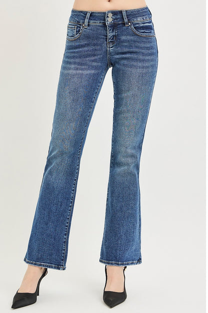 Risen tummy control low-rise bootcut jeans from Trendsi, showing front view with fitted waist and flared leg style.