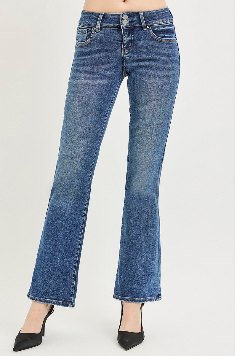 Risen Tummy Control Low Rise Bootcut Jeans in medium wash with classic five-pocket design and subtle fading.