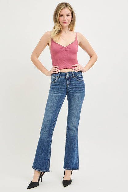 Risen Tummy Control low-rise bootcut jeans by Trendsi, showing front view with fitted waistband and classic denim style.