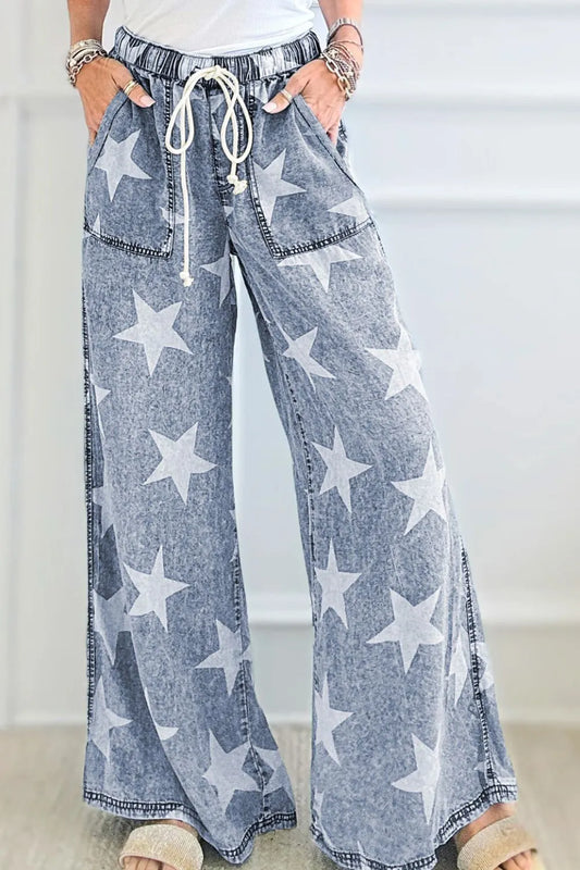 Star print washed high waist wide-leg jeans with drawstring from Trendsi, shown on a model.
