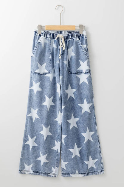 Star print washed high waist wide leg jeans with drawstring from Trendsi, showing the relaxed fit and star pattern detail.