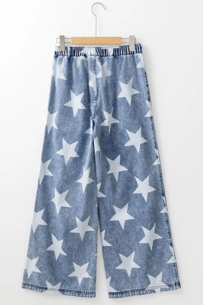 Star print washed high waist wide-leg jeans with drawstring waistband by Trendsi, shown in a medium shot.