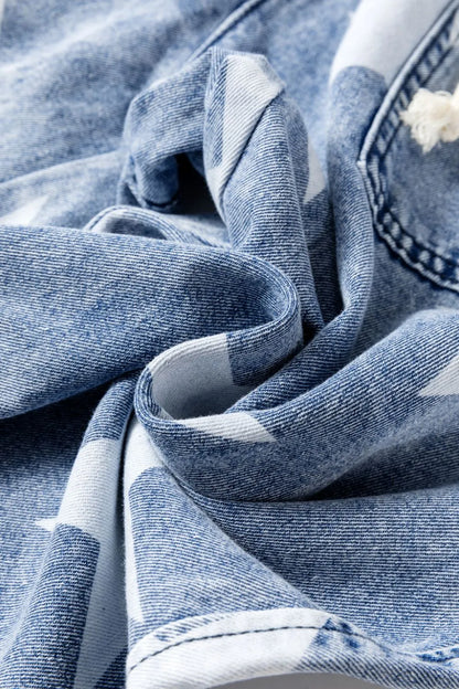 Light blue washed high waist wide-leg jeans with star print and drawstring detail, featuring a casual, relaxed fit.