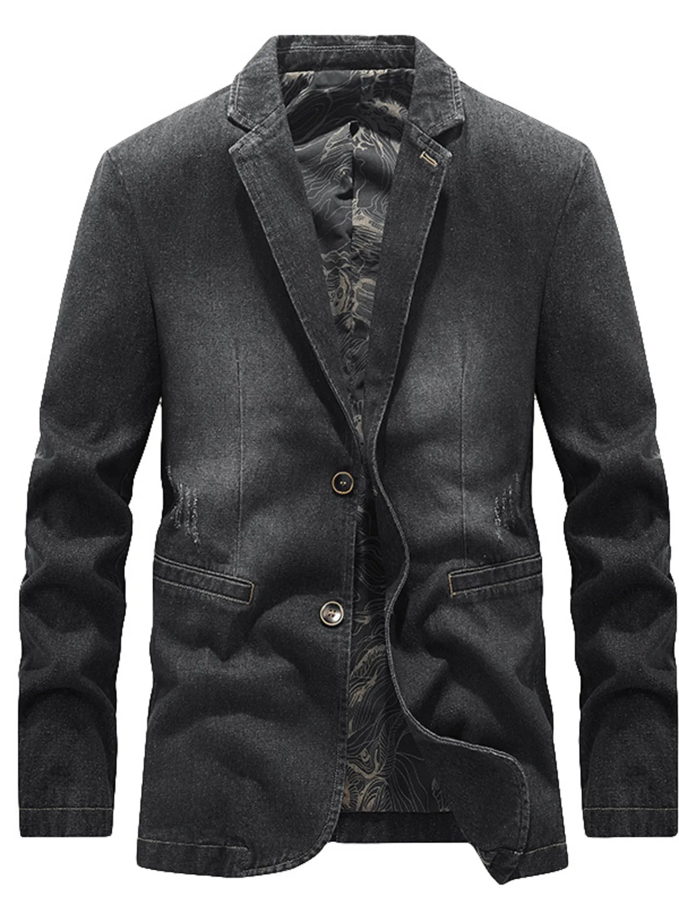 Men's plus size slim fit denim blazer with long sleeves, stylish casual blazer in blue denim fabric.