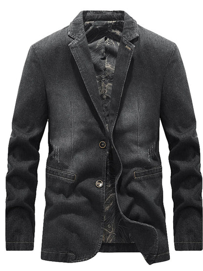 Men's plus size slim fit denim blazer with long sleeves, stylish casual blazer in blue denim fabric.