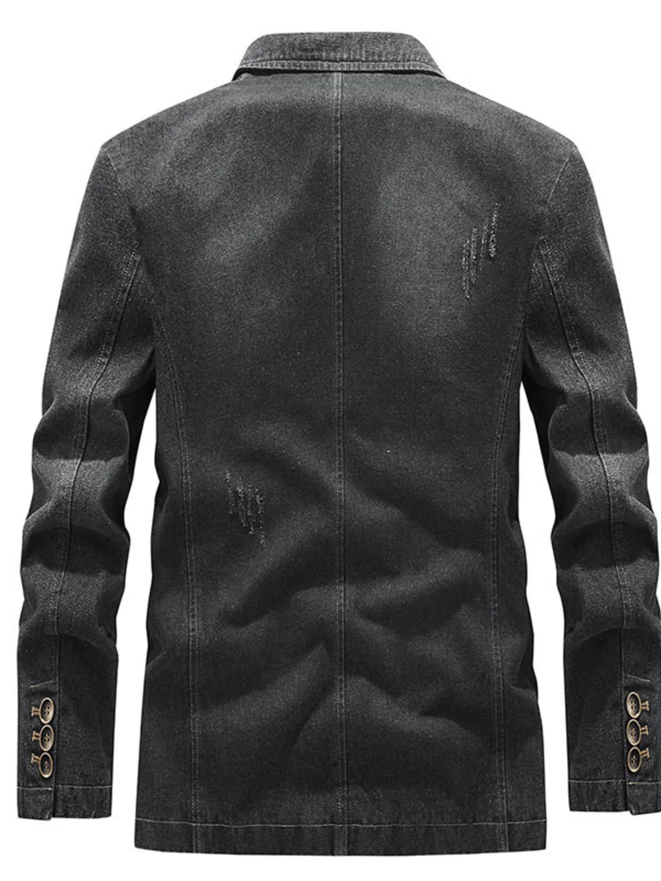 Plus size men's slim fit denim blazer with long sleeves and classic collar, stylish and versatile for casual or smart looks.