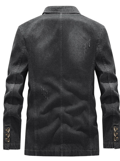 Plus size men's slim fit denim blazer with long sleeves and classic collar, stylish and versatile for casual or smart looks.