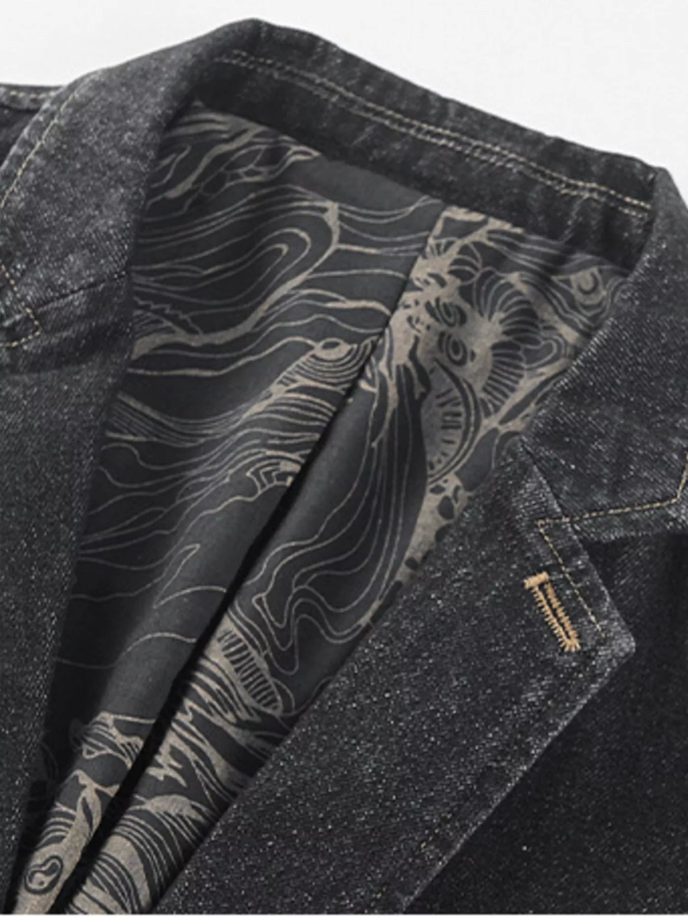 Men's plus size slim fit denim blazer with long sleeves, stylish men's fashion by Trendsi, shown in dark blue denim fabric.