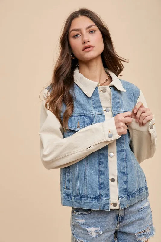 Trendsi Annie Wear denim jacket with collared neck and double placket, casual stylish outerwear for women.