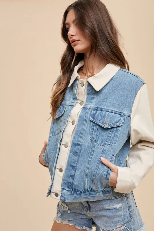 Trendsi Annie Wear denim jacket with collared neck and double placket, casual style, medium wash fabric.