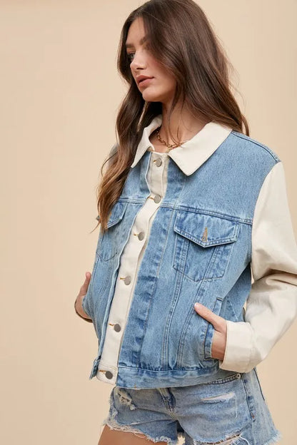 Trendsi Annie Wear denim jacket with collared neck and double placket, casual style, medium wash fabric.