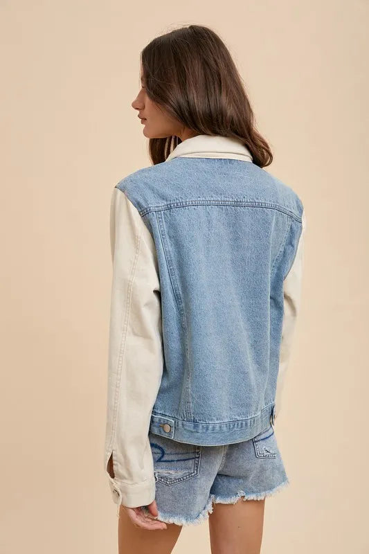 Trendi Annie Wear denim jacket with a collared neck and double placket, stylish casual outerwear for women.