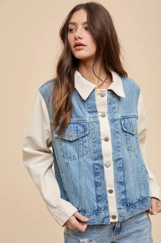 Trendsi Annie Wear denim jacket with collared neck and double placket, stylish casual outerwear for women.