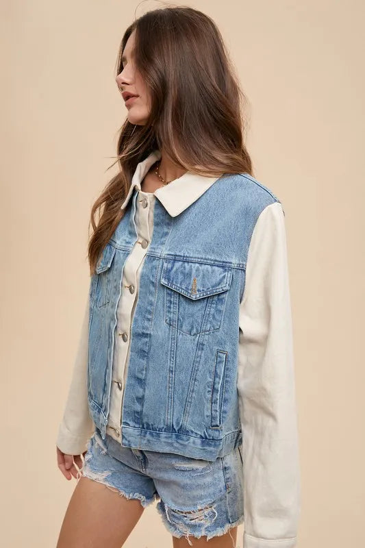 Trendsi Annie Wear denim jacket with collared neck and double placket, casual style, shown on a model.