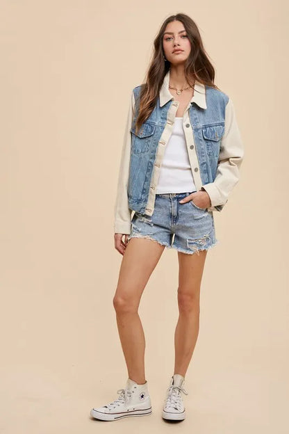 Trendsi Annie Wear denim jacket with collared neck and double placket, stylish casual outerwear in medium wash denim
