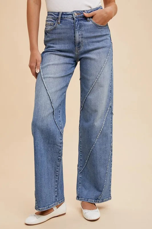 Light blue Annie Wear decorative seams wide leg jeans with visible stitching, casual fit, and high waist style.