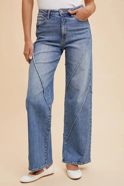 Light blue Annie Wear decorative seams wide leg jeans with visible stitching, casual fit, and high waist style.