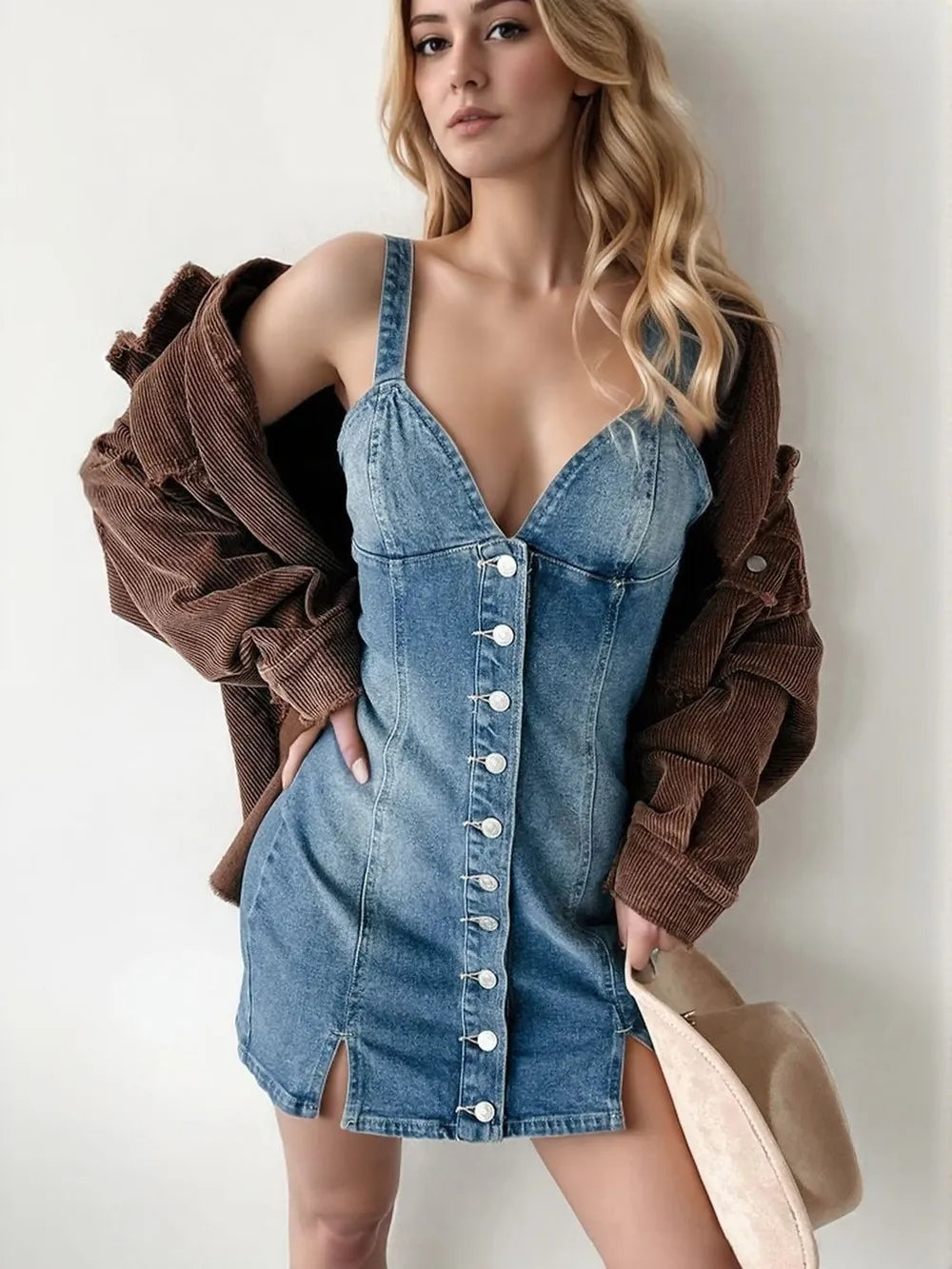 Trendsi button-down mini denim cami dress featuring a fitted silhouette and sleeveless design on a white background.