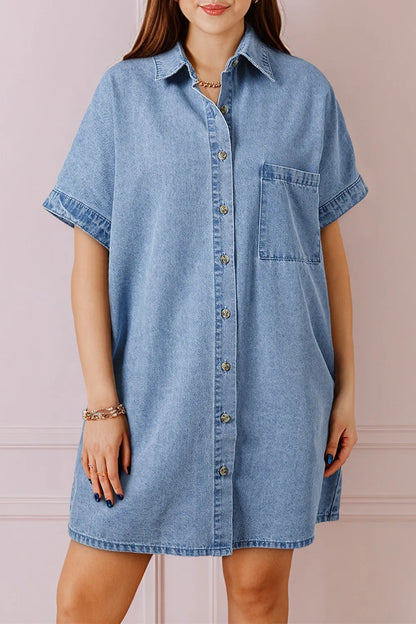 Medium-length button-down short sleeve denim dress by Trendsi, featuring classic denim fabric and stylish design.