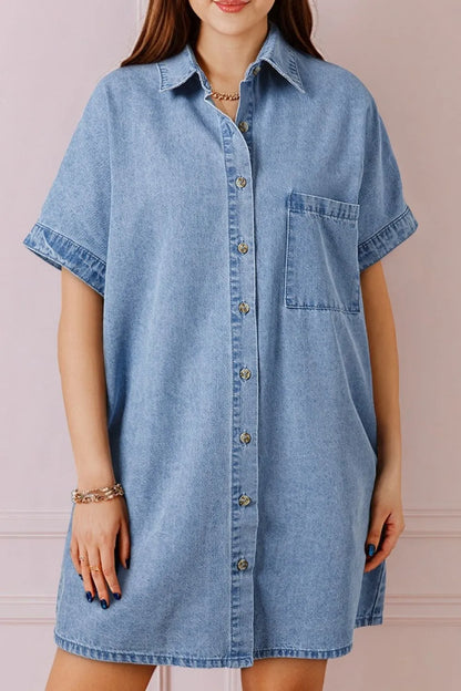 Medium-length Trendsi button-down short sleeve denim dress with collar and pockets, perfect for casual summer wear.
