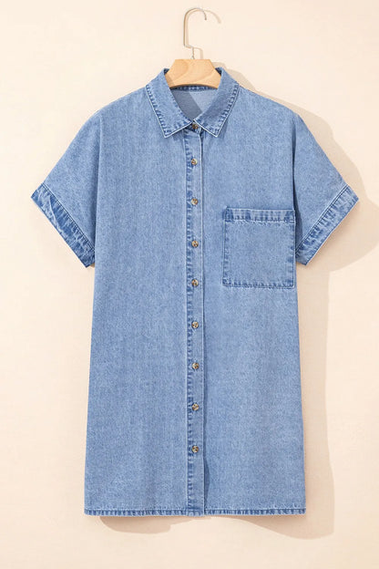 Medium-length button-down short sleeve denim dress by Trendsi, featuring a classic denim fabric and relaxed fit.