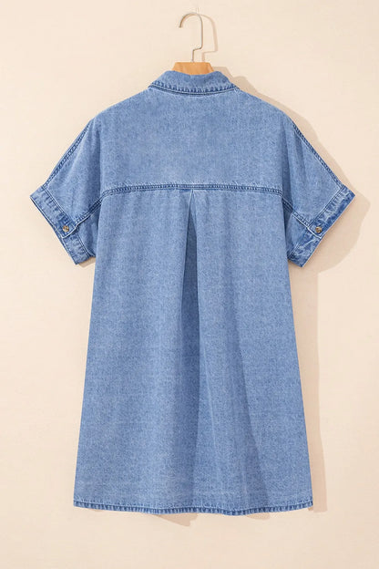 Medium-length button-down short sleeve denim dress by Trendsi, featuring classic denim fabric and a stylish casual fit.