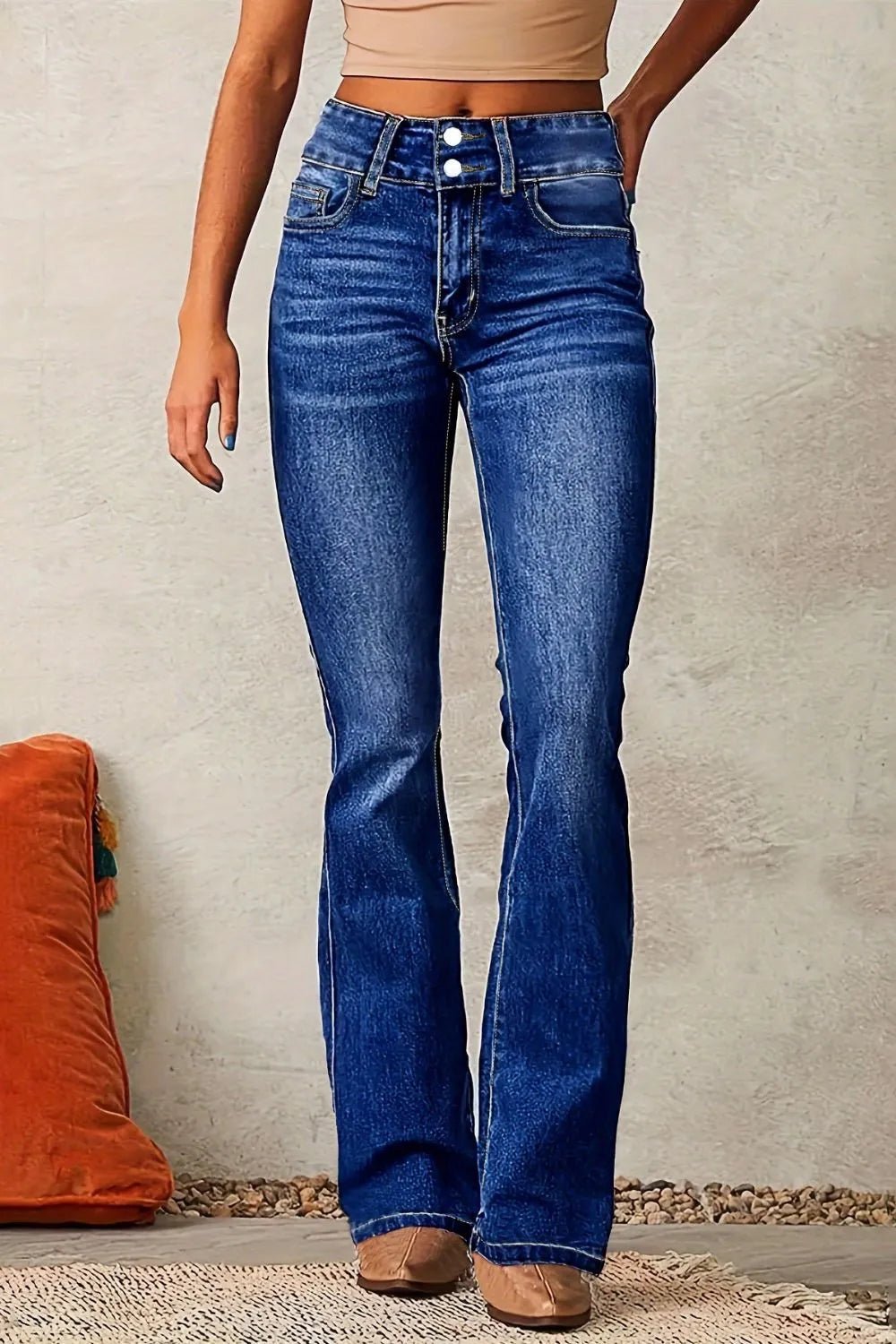 Medium wash Cat Whisker Washed Bootcut Jeans by Trendsi, featuring a classic fit and stylish denim design.