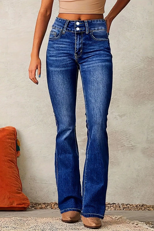 Medium wash Cat Whisker Washed Bootcut Jeans by Trendsi, featuring a classic fit and stylish denim design.