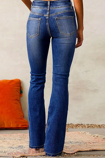 Medium wash Cat Whisker Washed Bootcut Jeans from Trendsi, showing front view with classic fit and subtle fading.