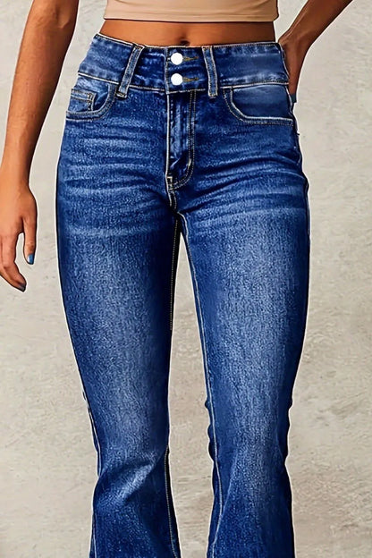 Medium wash Cat Whisker Washed Bootcut Jeans by Trendsi featuring classic denim with a relaxed fit and bootcut style.