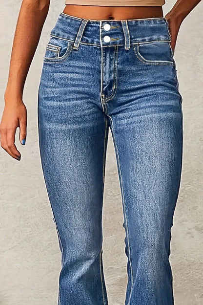 Medium wash Cat Whisker Washed Bootcut Jeans by Trendsi, showing the relaxed fit, classic denim style, and subtle whisker details.