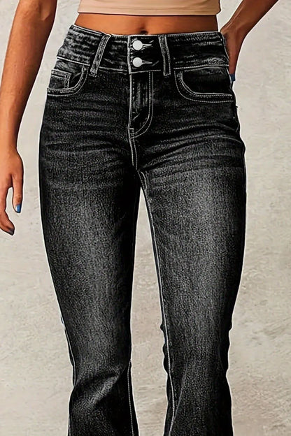 Medium wash Cat Whisker Washed Bootcut Jeans by Trendsi featuring classic denim style and a relaxed fit with bootcut leg.