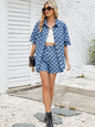 Trendsi checkered shirt and denim shorts set, casual two-piece outfit with a button-up shirt and matching shorts on a model.