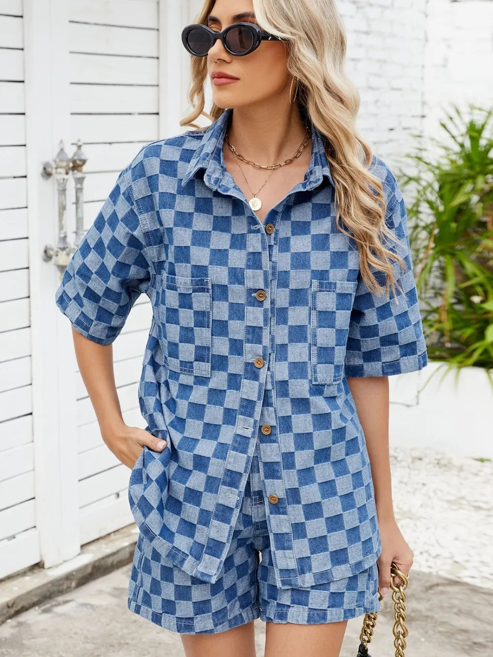 Trendsi checkered shirt and denim shorts set, featuring a casual button-up shirt and classic shorts with a relaxed fit.