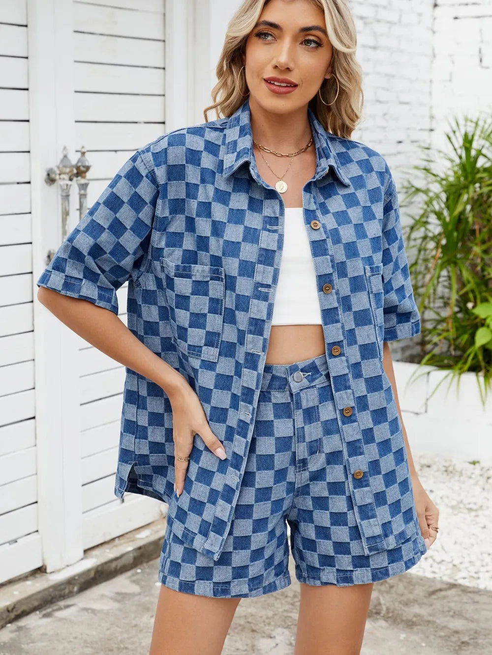 Trendsi checkered shirt and denim shorts set featuring a casual long-sleeve shirt and matching shorts for everyday wear.