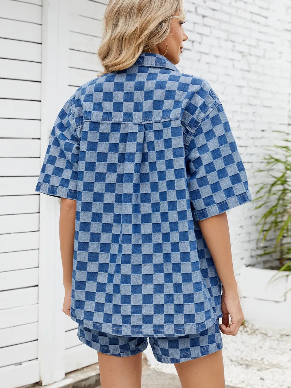 Checkered shirt and denim shorts set from Trendsi, featuring a casual, stylish design with a button-up shirt and matching shorts.