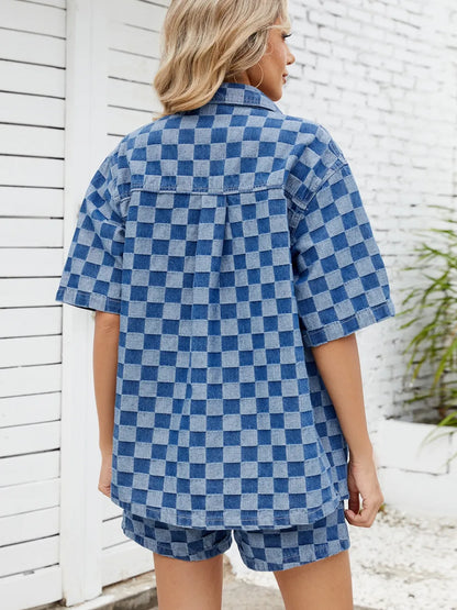 Checkered shirt and denim shorts set from Trendsi, featuring a casual, stylish design with a button-up shirt and matching shorts.