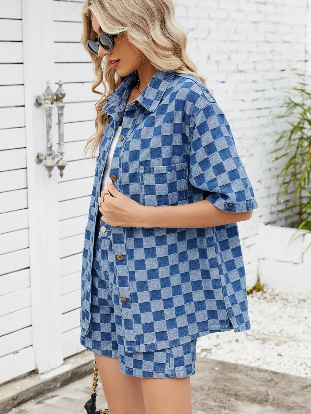 Trendsi checkered shirt and denim shorts set for women, featuring a casual long-sleeve top and matching shorts in blue and white.