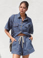 Trendsi denim set with collared neck button-up top and matching shorts, casual summer outfit in medium wash denim.