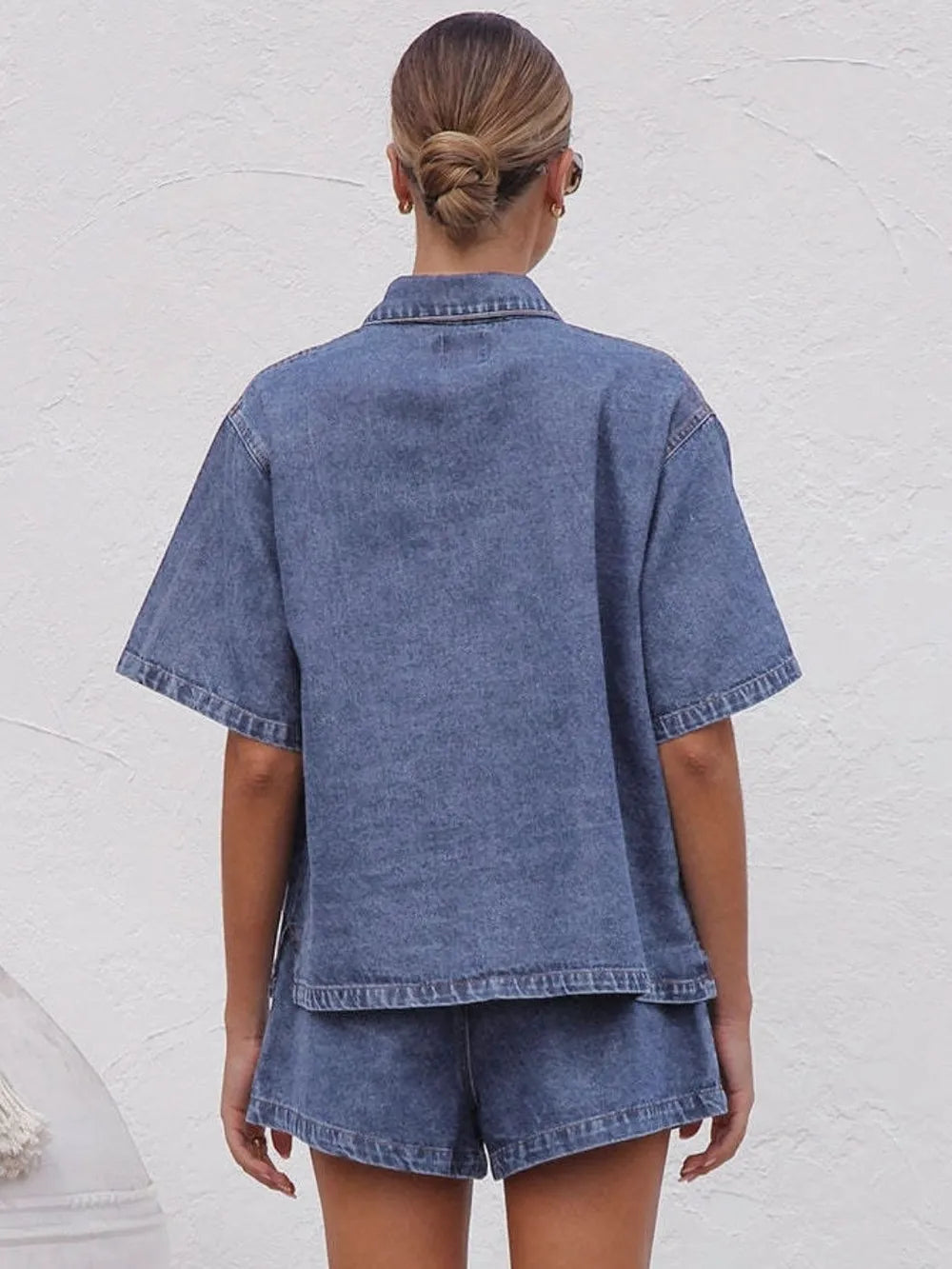 Trendsi denim set with collared neck button-up top and matching shorts, casual summer outfit, light blue denim fabric.