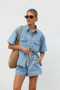Trendsi denim set with collared neck button-up top and matching shorts, stylish casual summer outfit in light denim fabric.