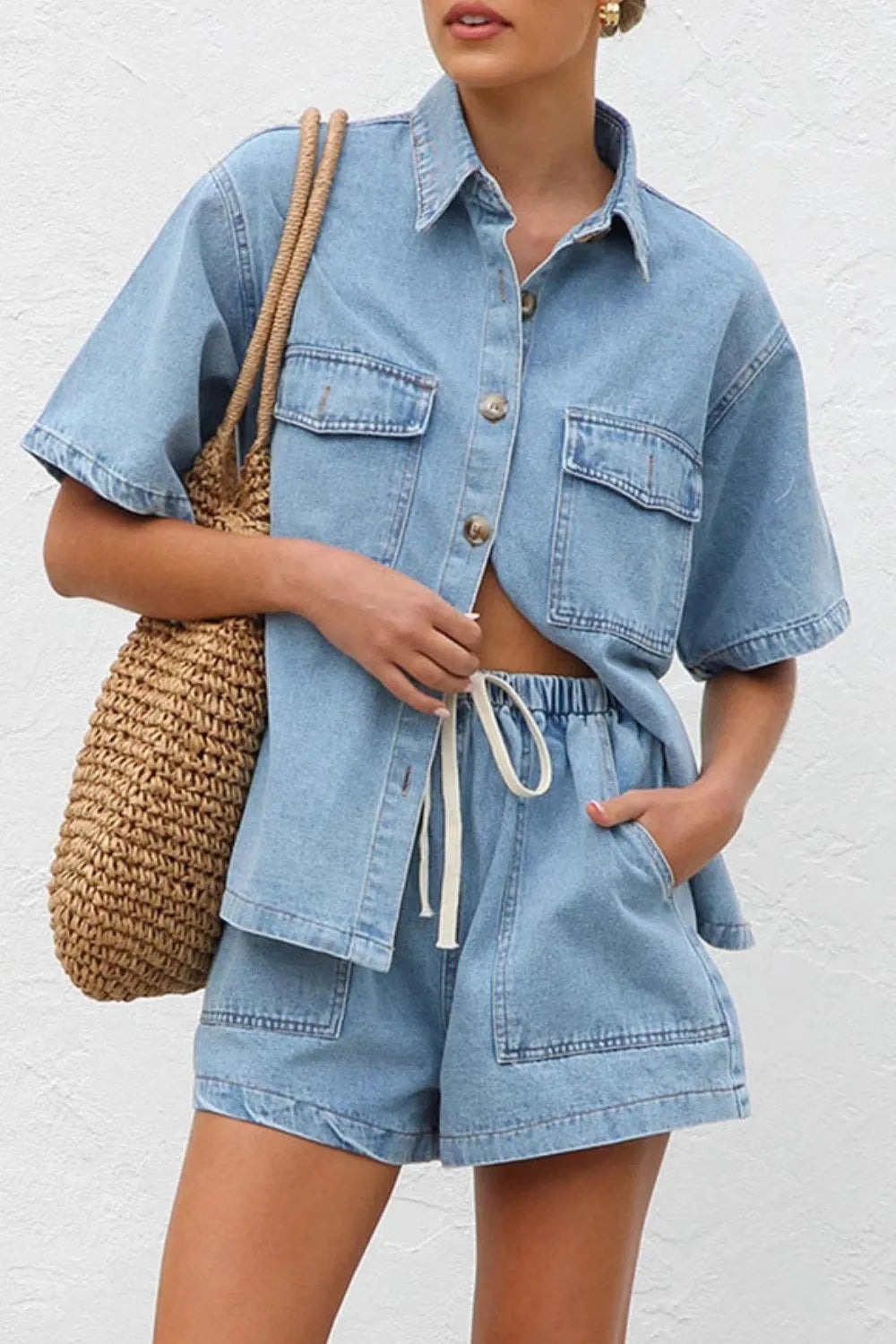 Trendsi denim set with collared neck button-up top and matching shorts, casual and stylish for warm weather.