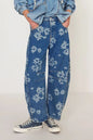Flower print wide-leg jeans from Trendsi featuring a relaxed fit and floral pattern, shown in a medium size.