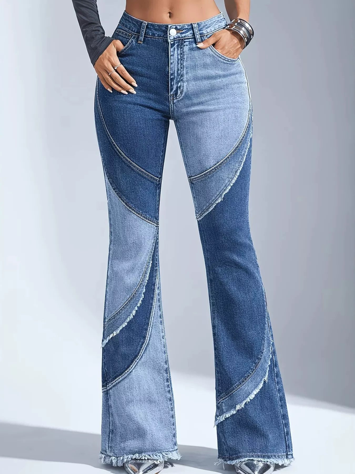 Medium pair of Trendsi frayed hem flare jeans with distressed details and a high-waisted fit, shown on a model.